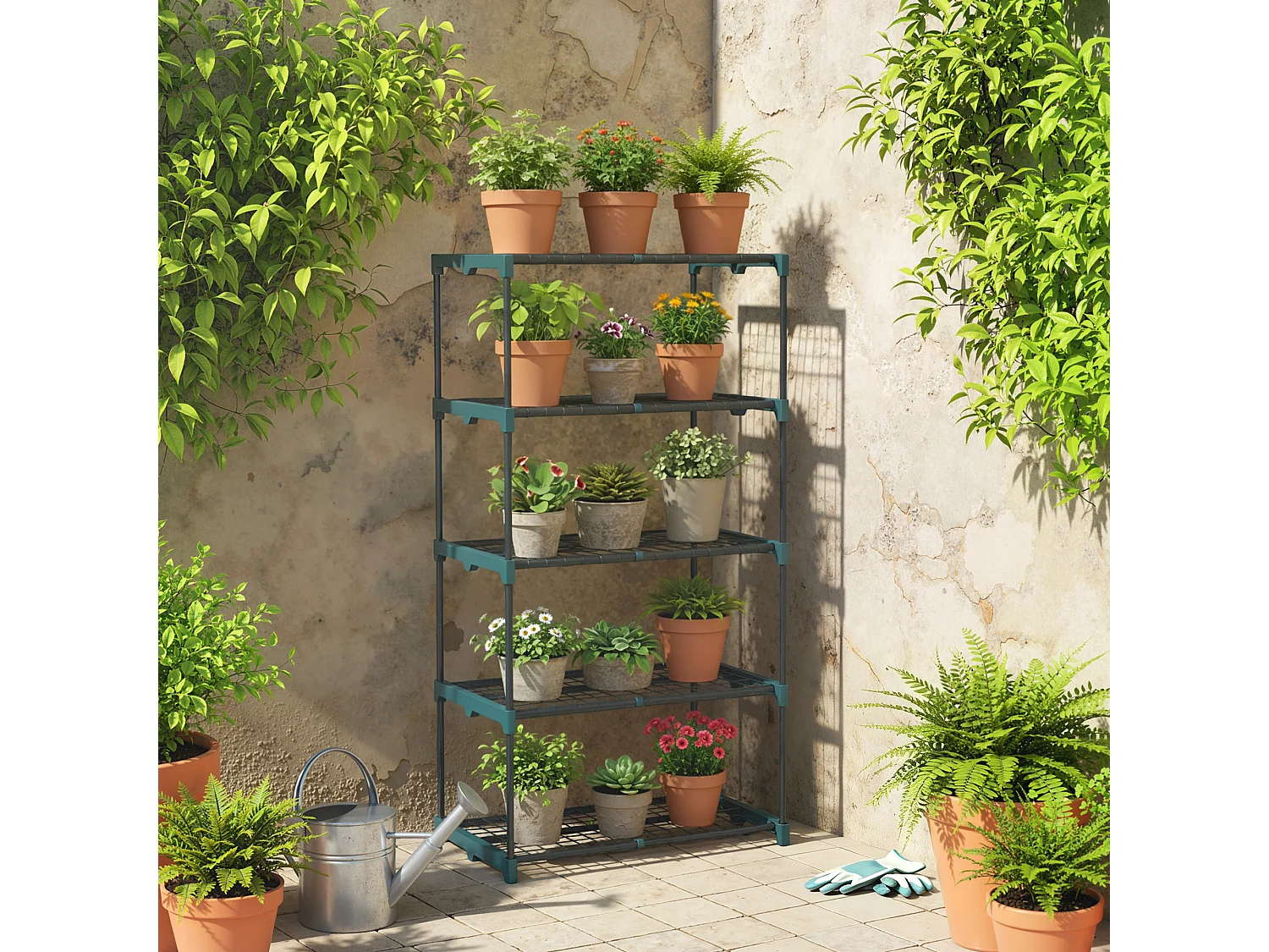 Portapiante a 5 livelli in acciaio e plastica 67x49x138 cm verde scuro