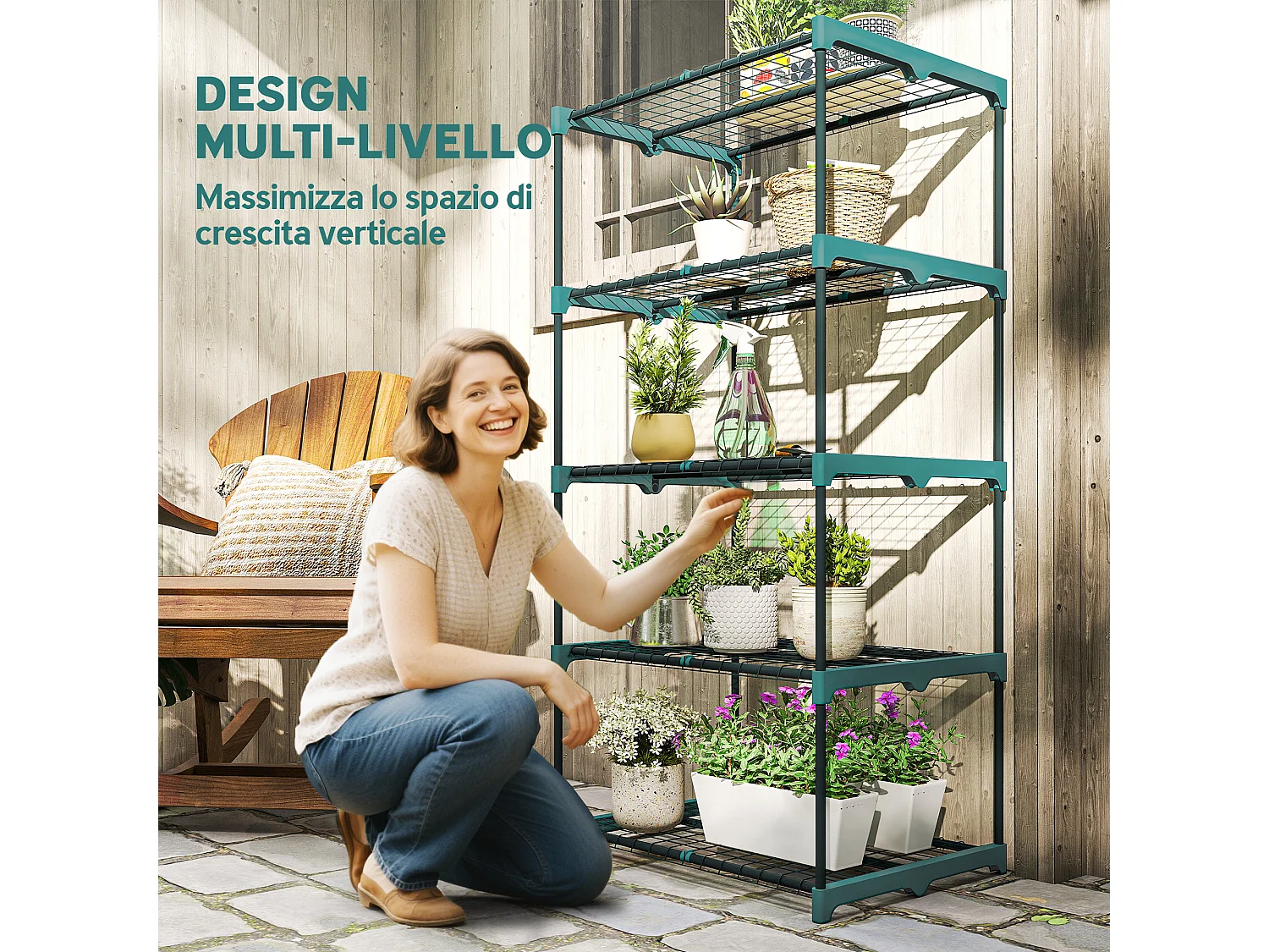 Portapiante a 5 livelli in acciaio e plastica 67x49x138 cm verde scuro