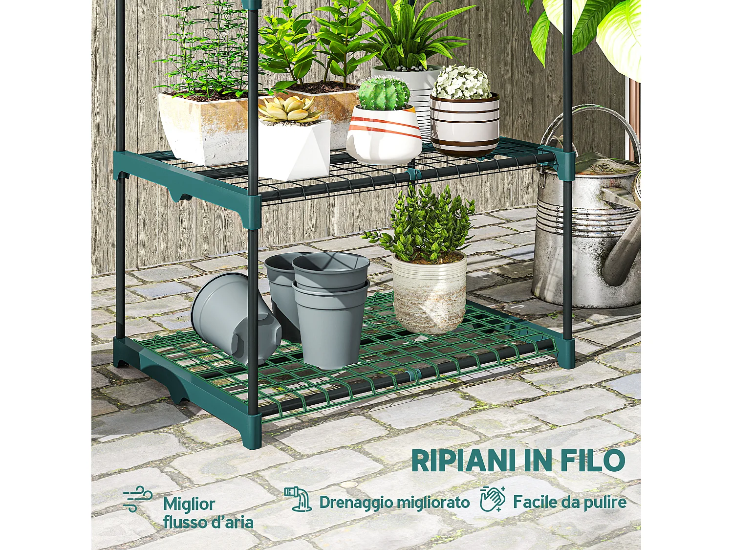 Portapiante a 5 livelli in acciaio e plastica 67x49x138 cm verde scuro