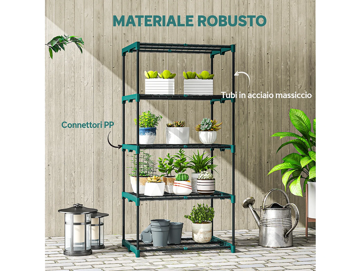 Portapiante a 5 livelli in acciaio e plastica 67x49x138 cm verde scuro