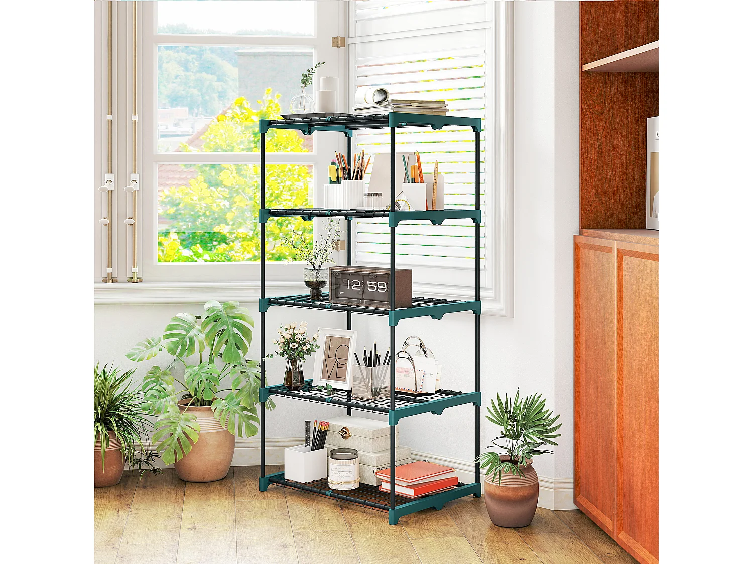 Portapiante a 5 livelli in acciaio e plastica 67x49x138 cm verde scuro