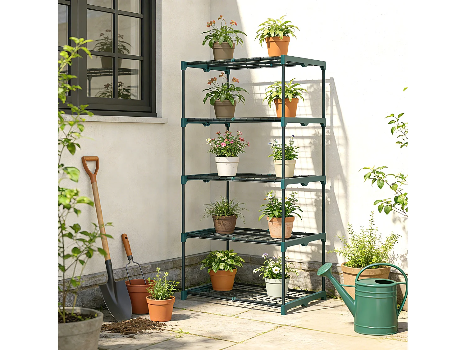 Portapiante a 5 livelli in acciaio e plastica 67x49x138 cm verde scuro