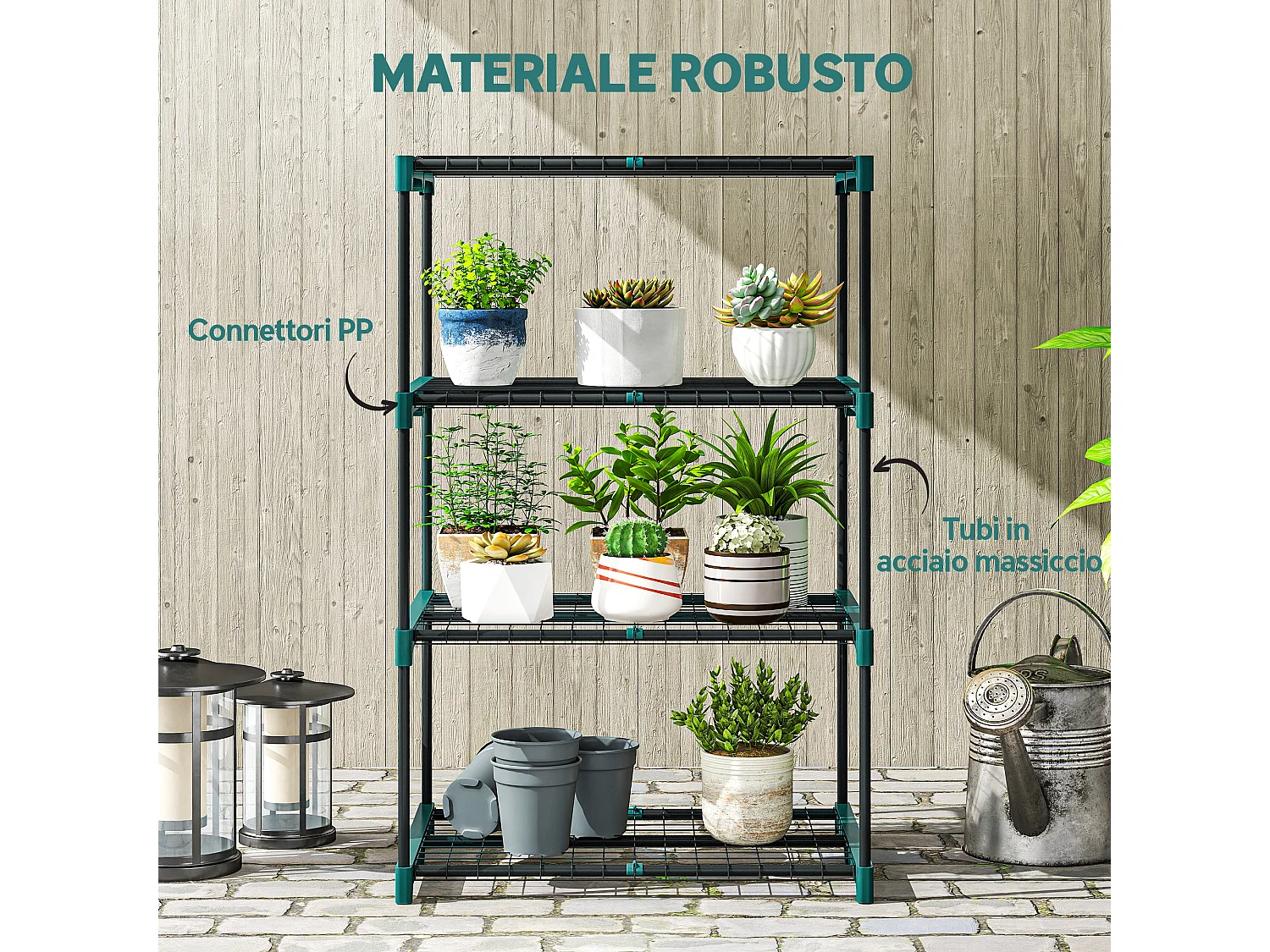 Portapiante a 4 livelli in acciaio e plastica 67x49x105 cm verde scuro
