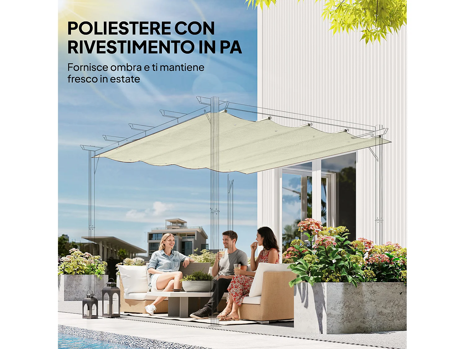 Telo pergola per esterni in poliestere crema anti uv con 8 fori