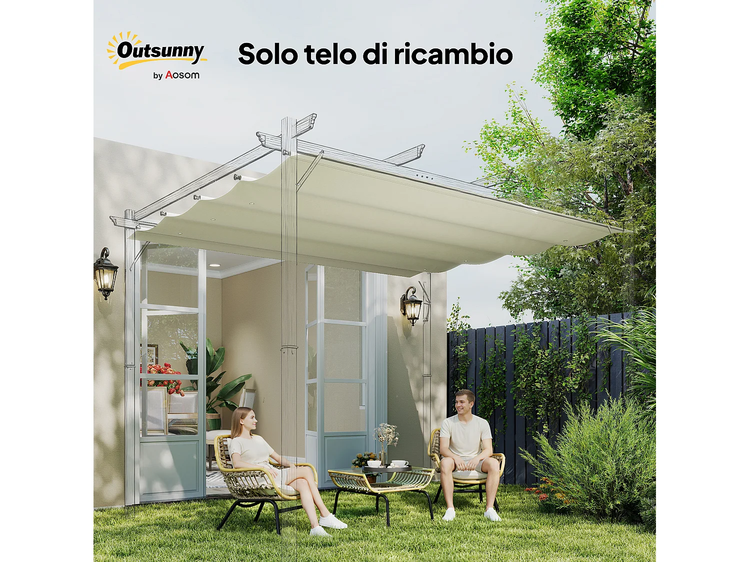 Telo pergola per esterni in poliestere crema anti uv con 8 fori