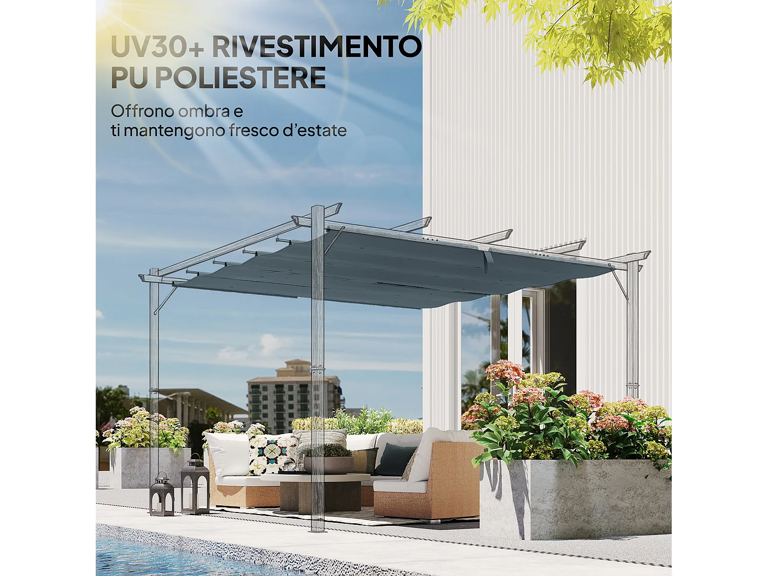 Telo di ricambio per pergola 3x3 m in poliestere uv30+ grigio