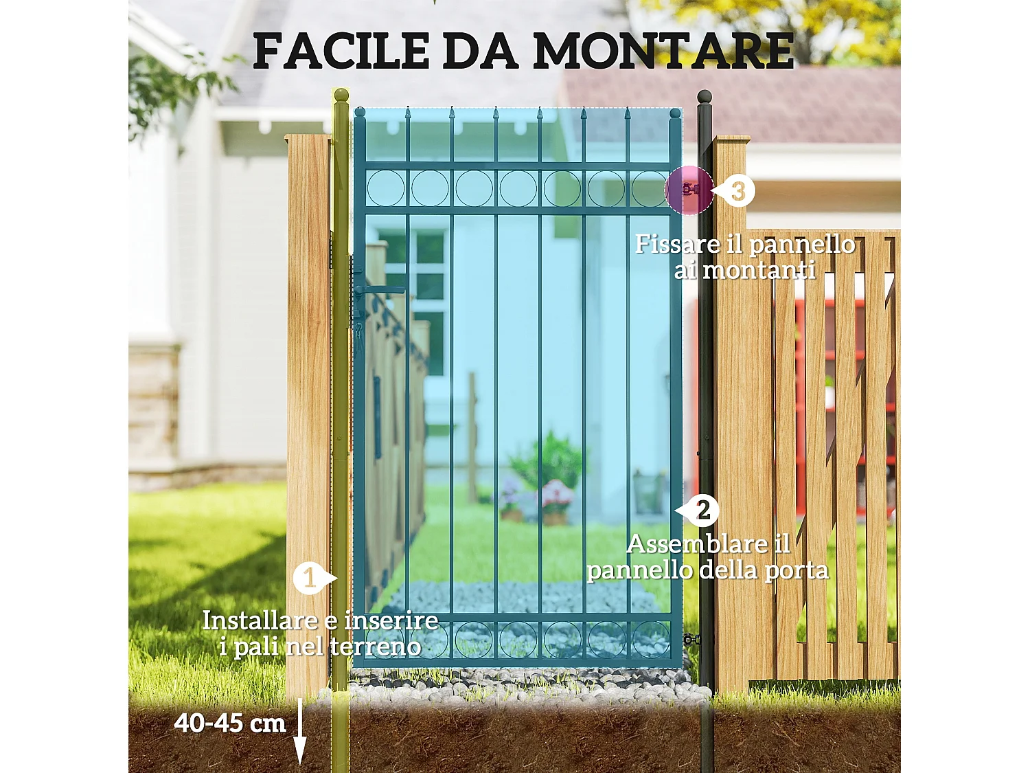 Cancello giardino con maniglia, lucchetto e 3 chiavi in acciaio nero