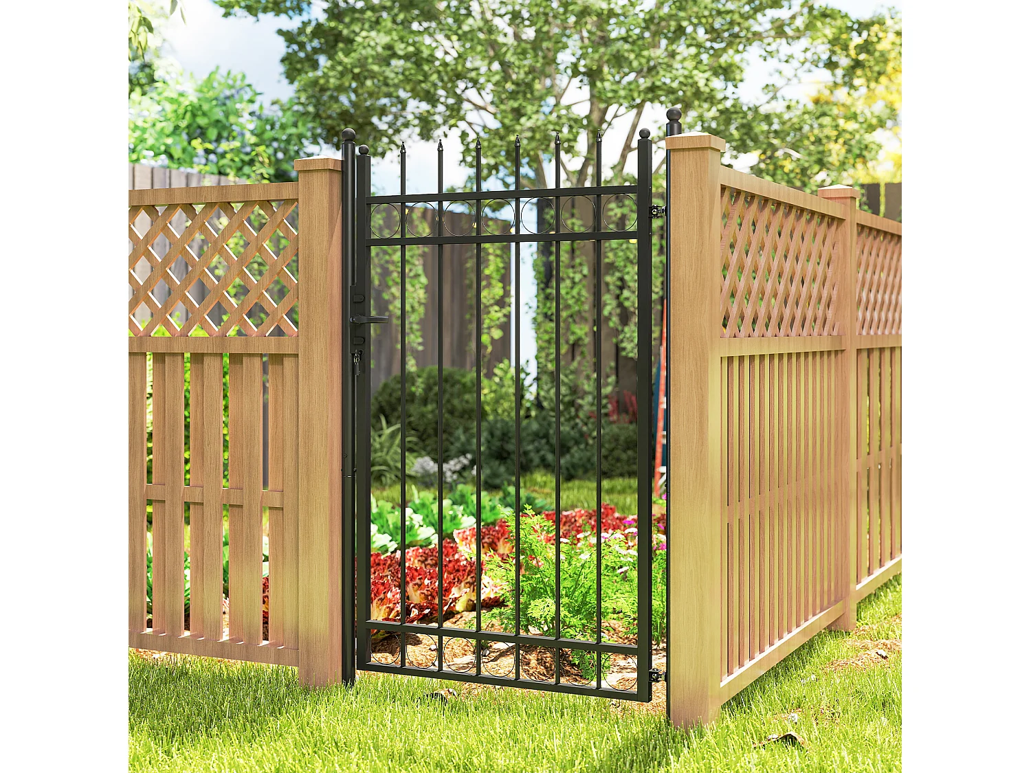 Cancello giardino con maniglia, lucchetto e 3 chiavi in acciaio nero