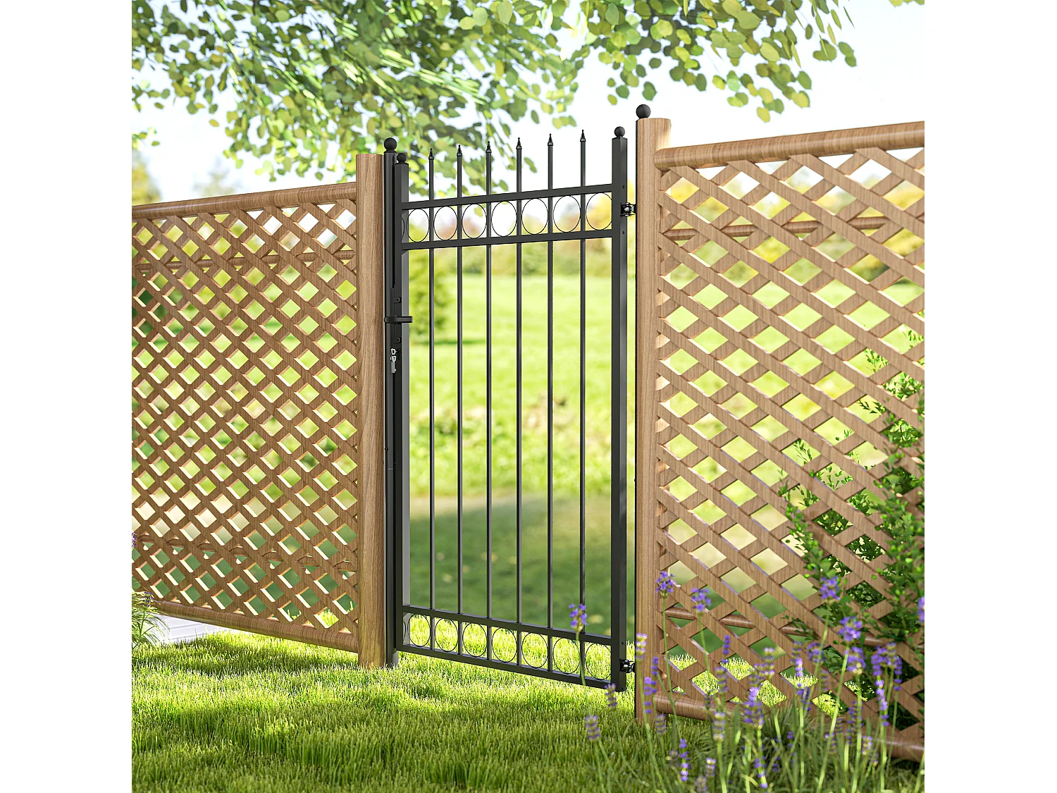 Cancello giardino con maniglia, lucchetto e 3 chiavi in acciaio nero