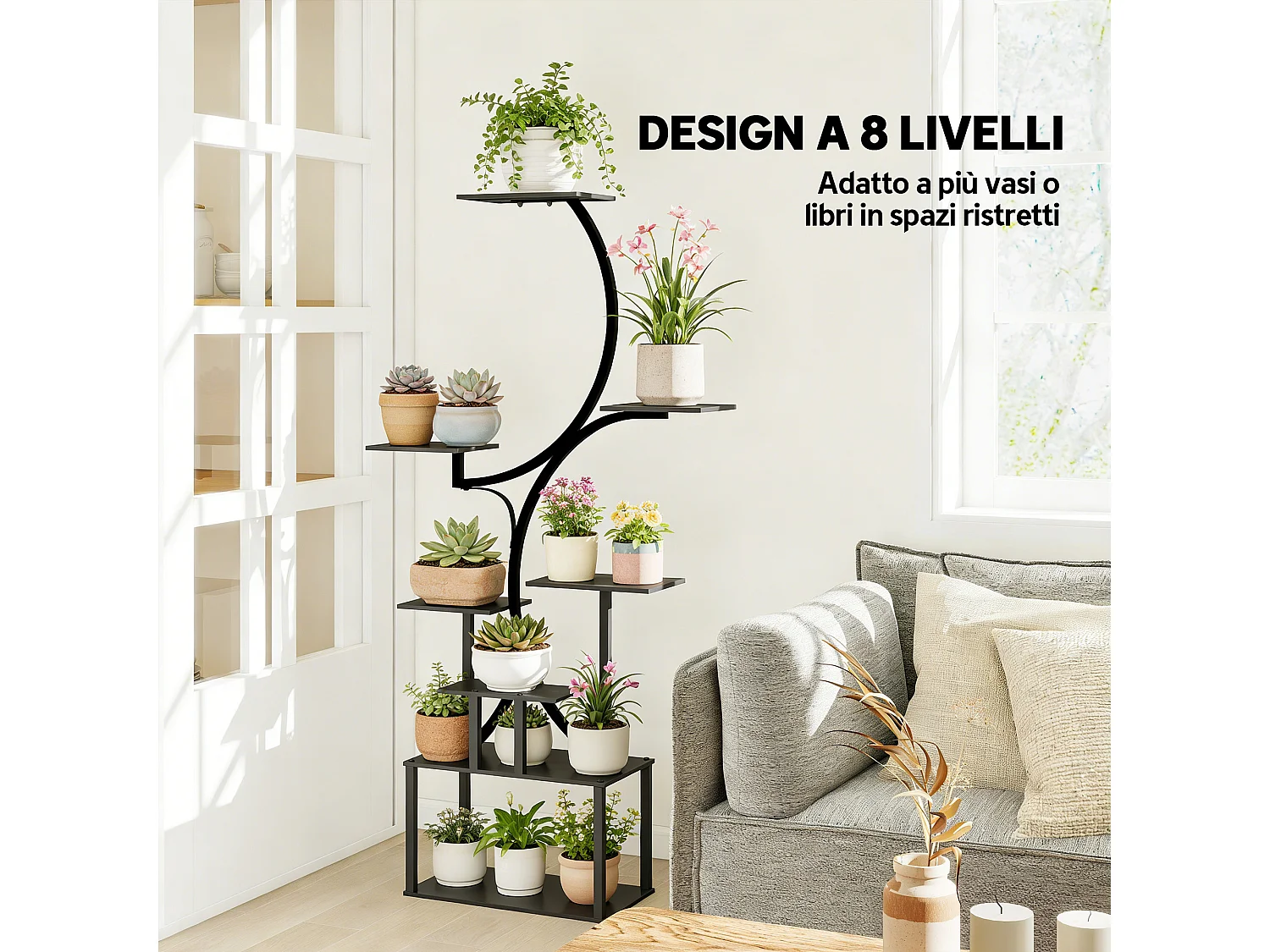 Portapiante a 8 livelli a s in metallo 74x26x158.5 cm nero