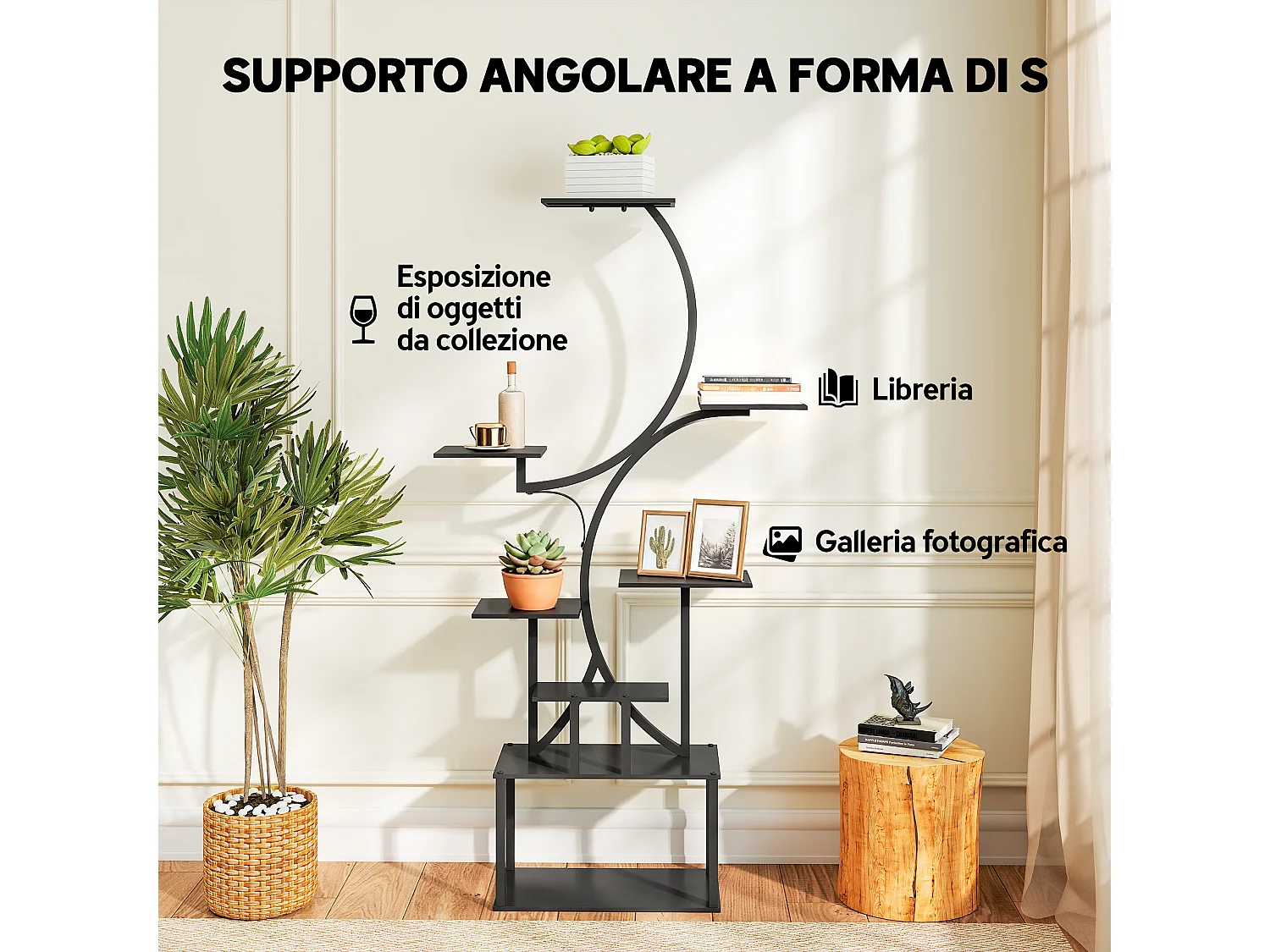 Portapiante a 8 livelli a s in metallo 74x26x158.5 cm nero