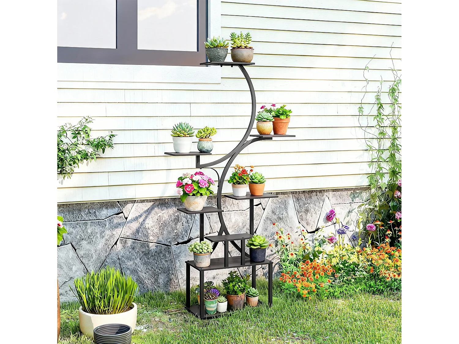 Portapiante a 8 livelli a s in metallo 74x26x158.5 cm nero