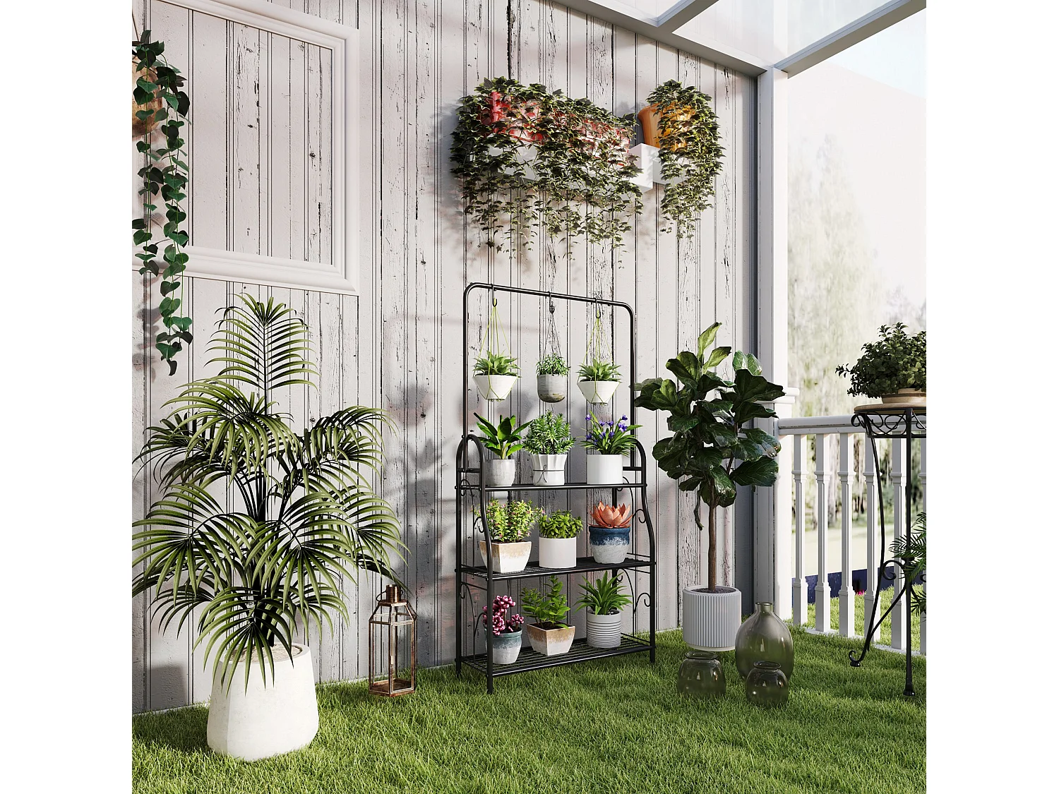 Portapiante a tre livelli con barra appendiabiti in metallo nero