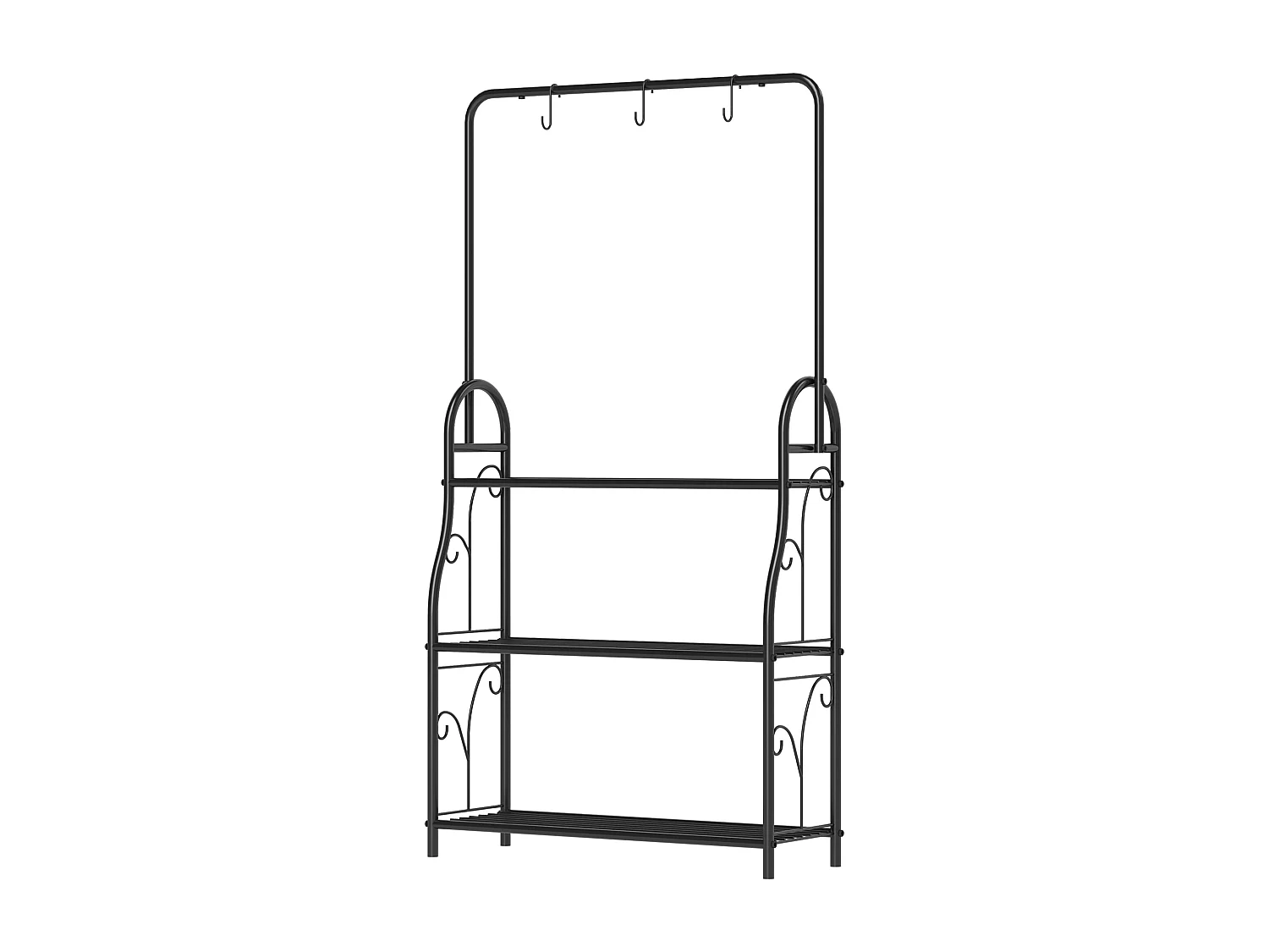 Portapiante a tre livelli con barra appendiabiti in metallo nero