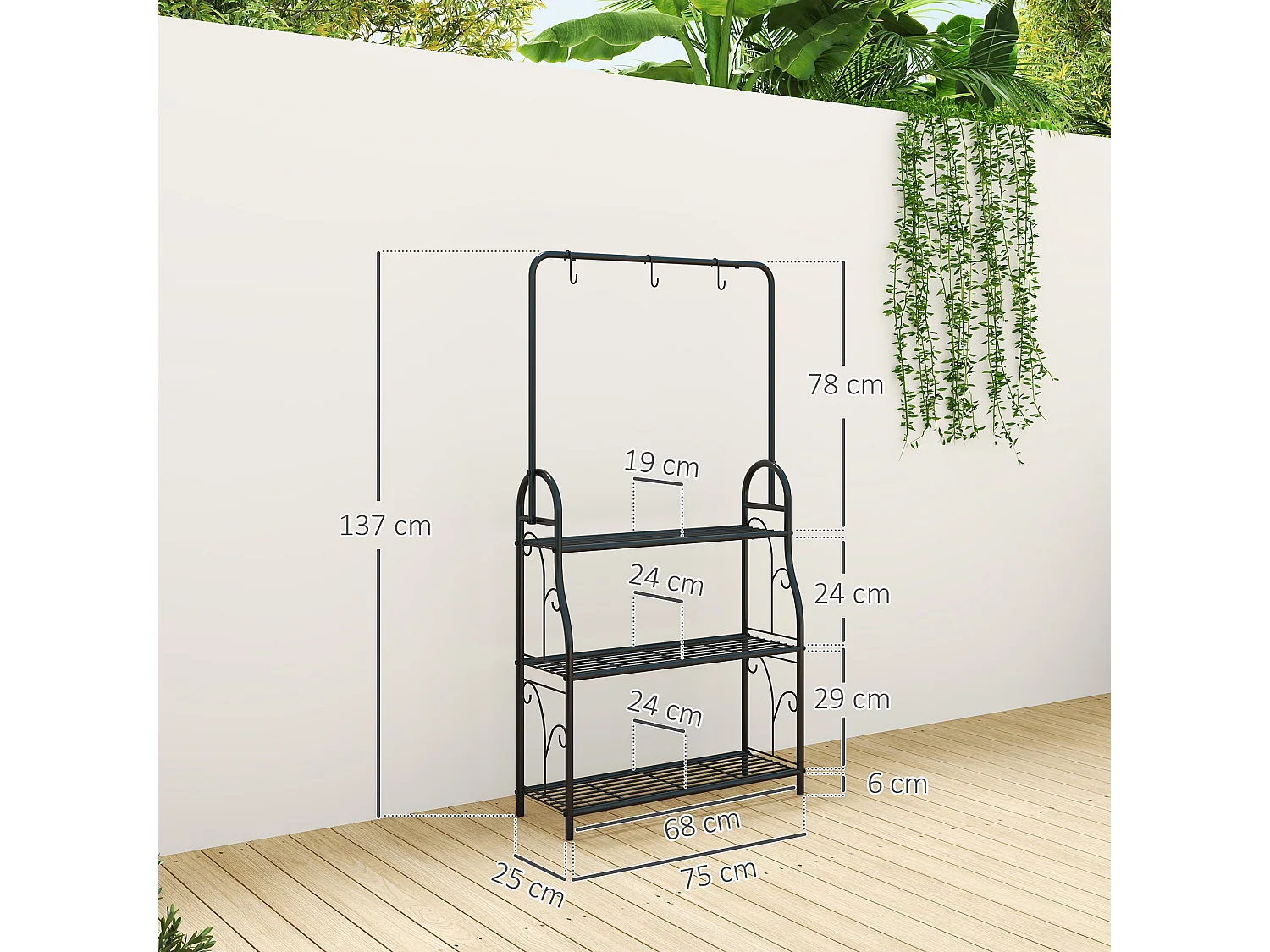 Portapiante a tre livelli con barra appendiabiti in metallo nero