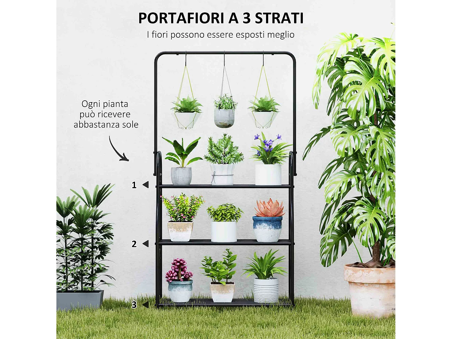 Portapiante a tre livelli con barra appendiabiti in metallo nero