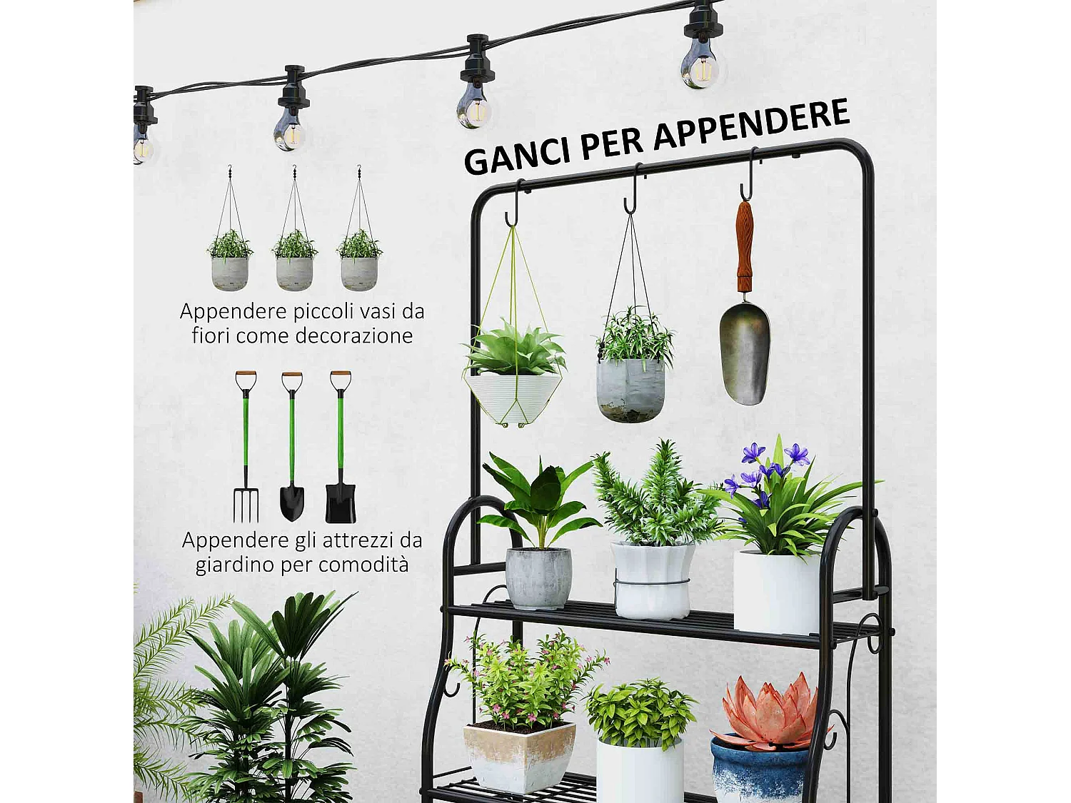 Portapiante a tre livelli con barra appendiabiti in metallo nero