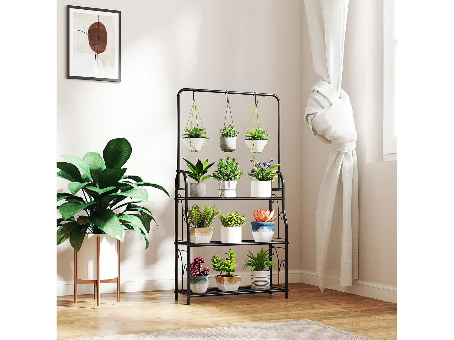 Portapiante a tre livelli con barra appendiabiti in metallo nero