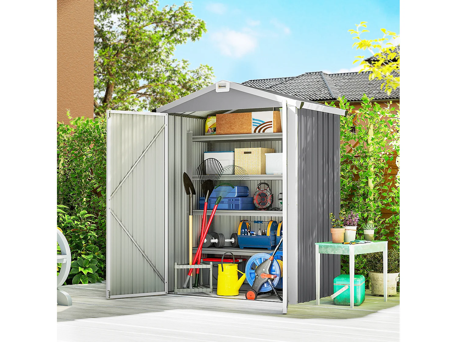 Casetta da giardino con doppie porte bloccabili in acciaio argento