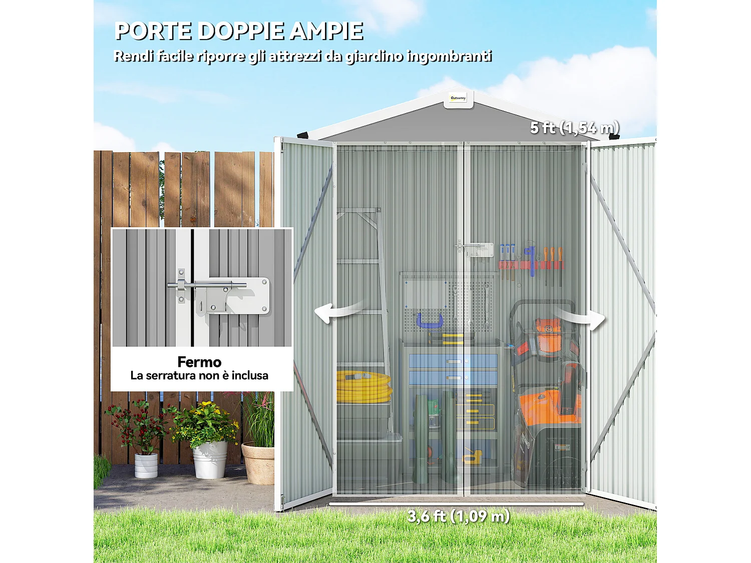 Casetta da giardino con doppie porte bloccabili in acciaio argento