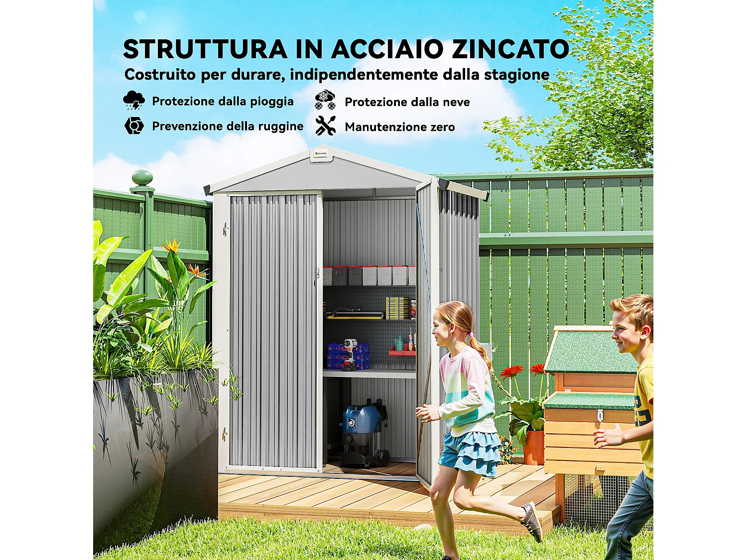 Casetta da giardino con doppie porte bloccabili in acciaio argento