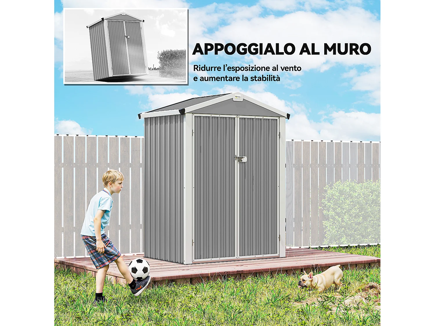 Casetta da giardino con doppie porte bloccabili in acciaio argento