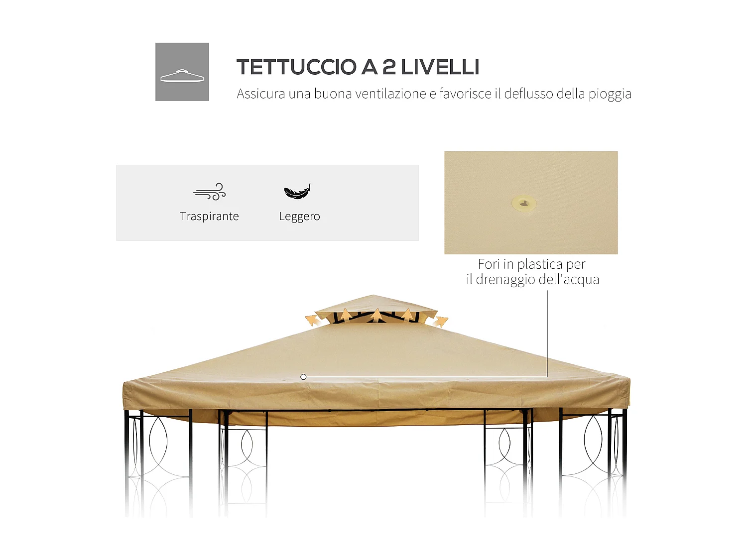 Tetto di ricambio per gazebo da giardino 4x3m in poliestere crema