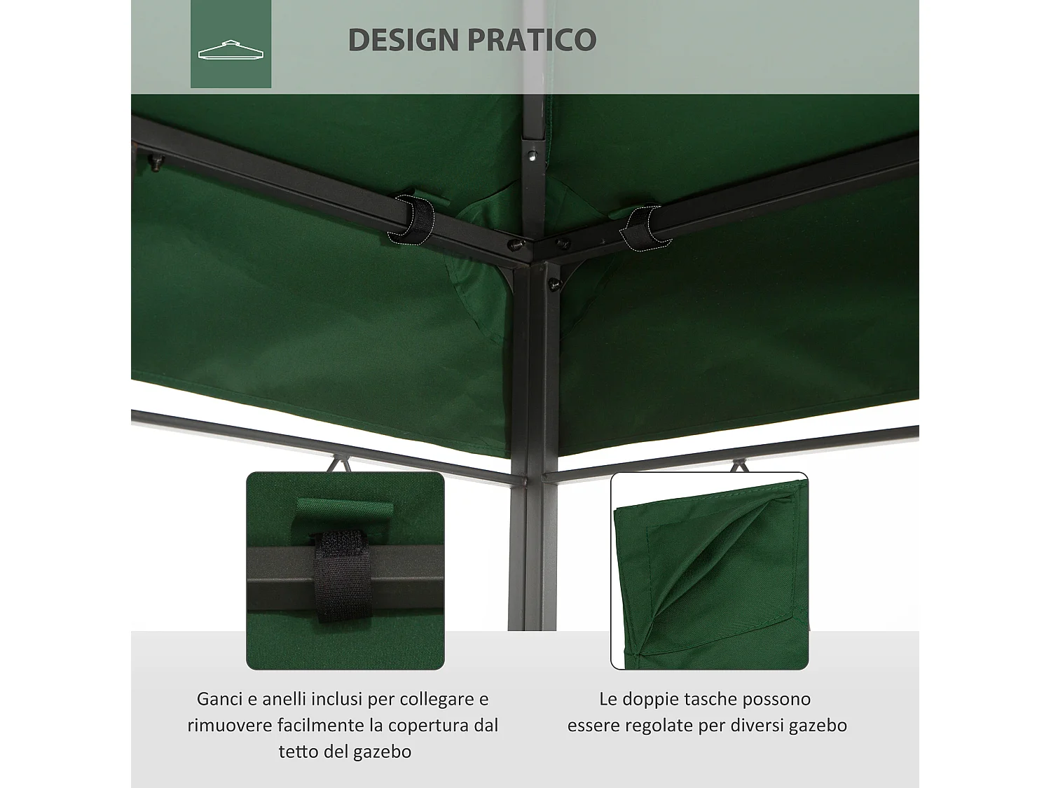 Copertura per gazebo 4x3 di ricambio a 2 livelli con cinghie verde