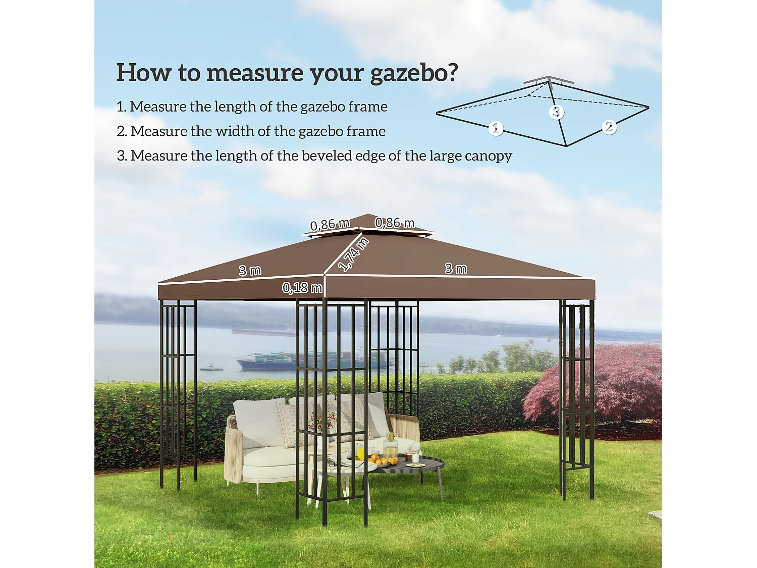 Tetto di ricambio per gazebo 3x3m a 2 livelli, colore caffè