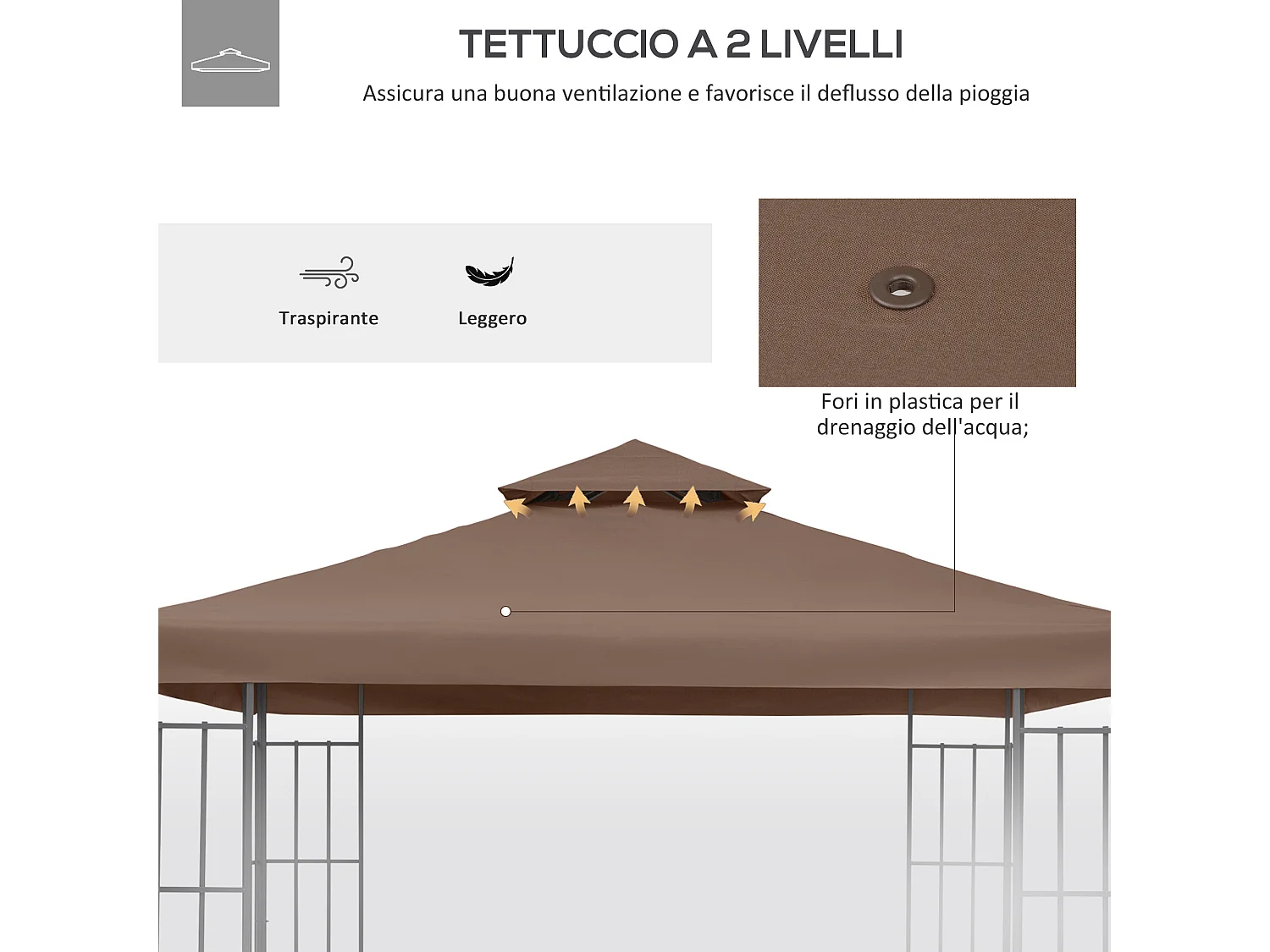 Tetto di ricambio per gazebo 3x3m a 2 livelli, colore caffè