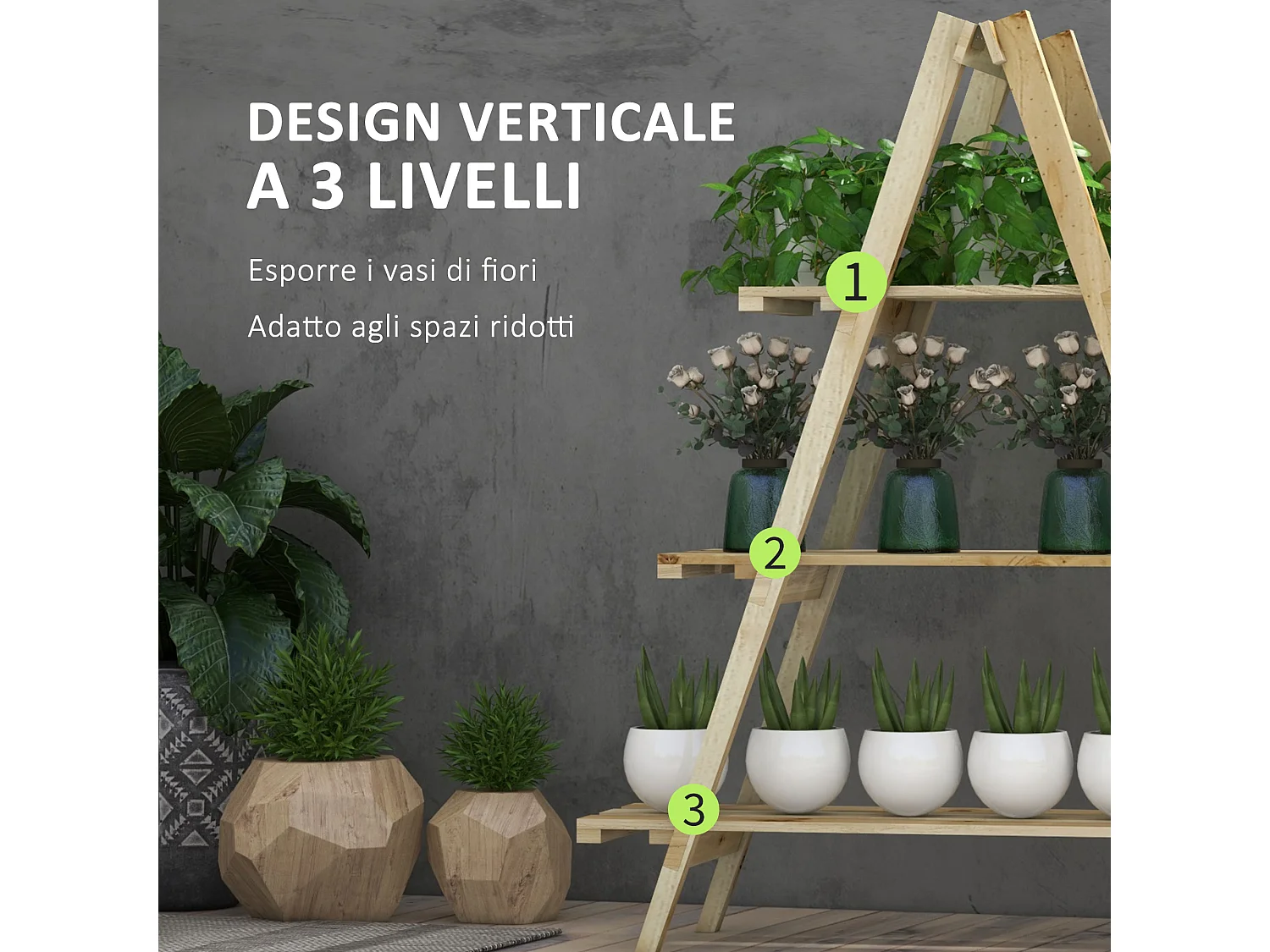 Portapiante verticale a 3 livelli a doghe in abete color legno
