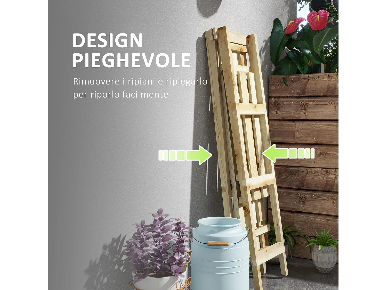 Portapiante verticale a 3 livelli a doghe in abete color legno