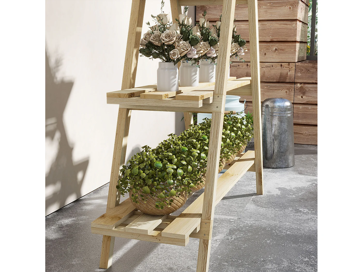 Portapiante verticale a 3 livelli a doghe in abete color legno