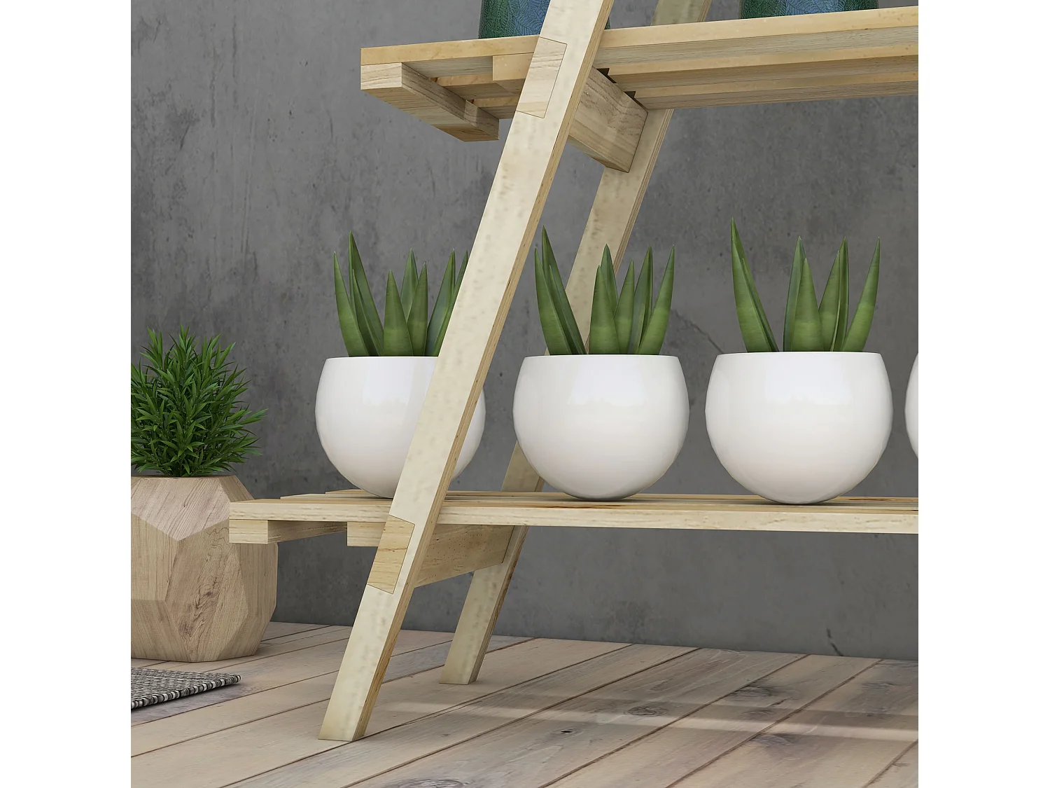 Portapiante verticale a 3 livelli a doghe in abete color legno