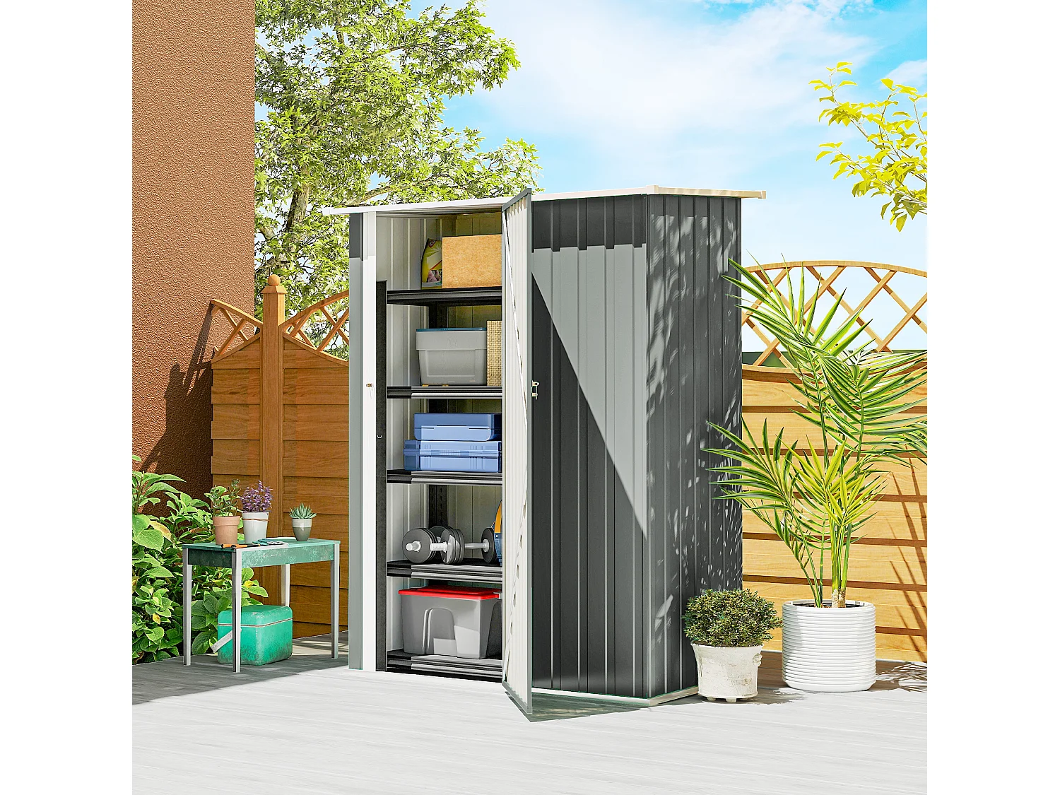 Capanno attrezzi in metallo con tetto inclinato grigio chiaro