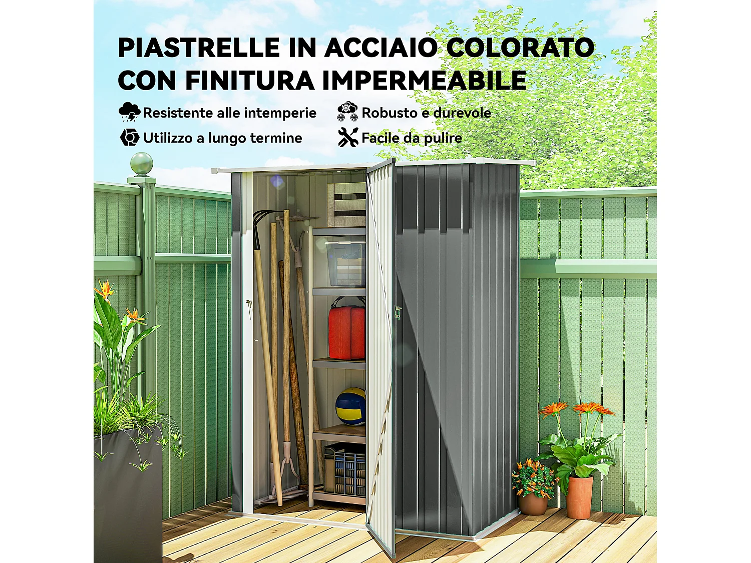 Capanno attrezzi in metallo con tetto inclinato grigio chiaro