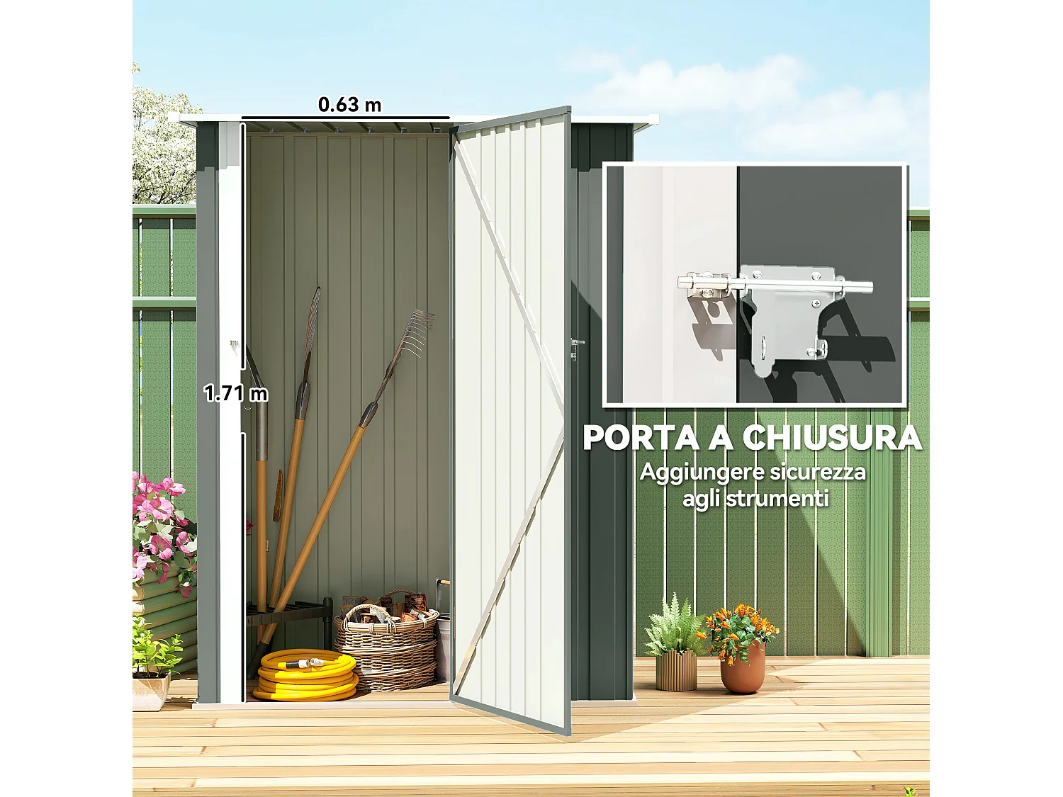 Capanno attrezzi in metallo con tetto inclinato grigio chiaro