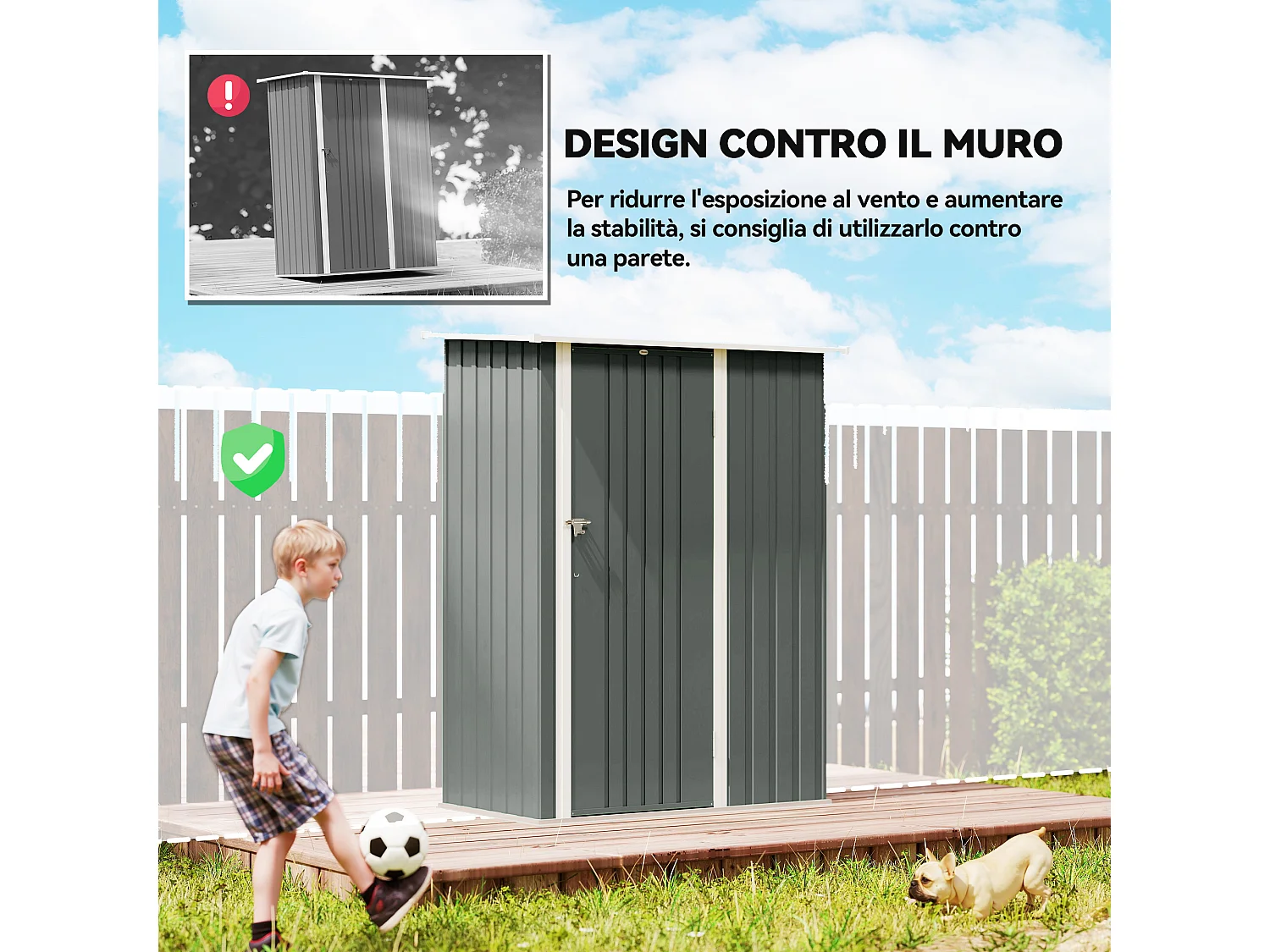 Capanno attrezzi in metallo con tetto inclinato grigio chiaro