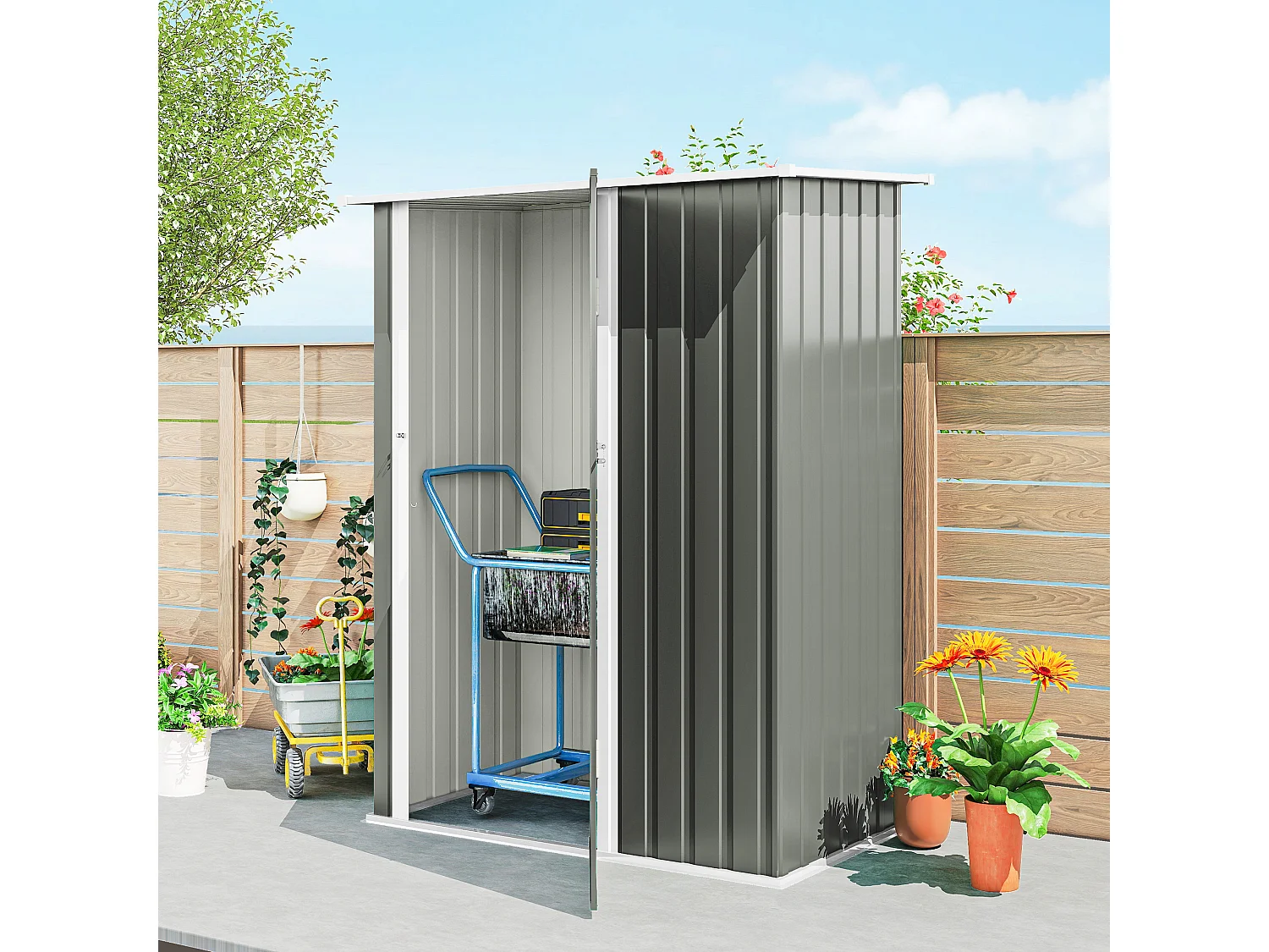 Capanno attrezzi in metallo con tetto inclinato grigio chiaro