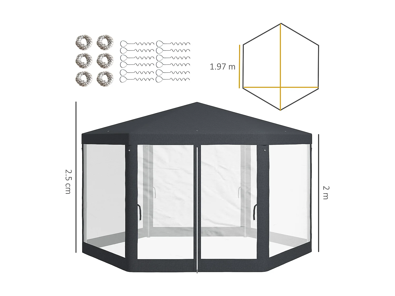 Gazebo da giardino esagonale con pareti in rete e 2 porte grigio