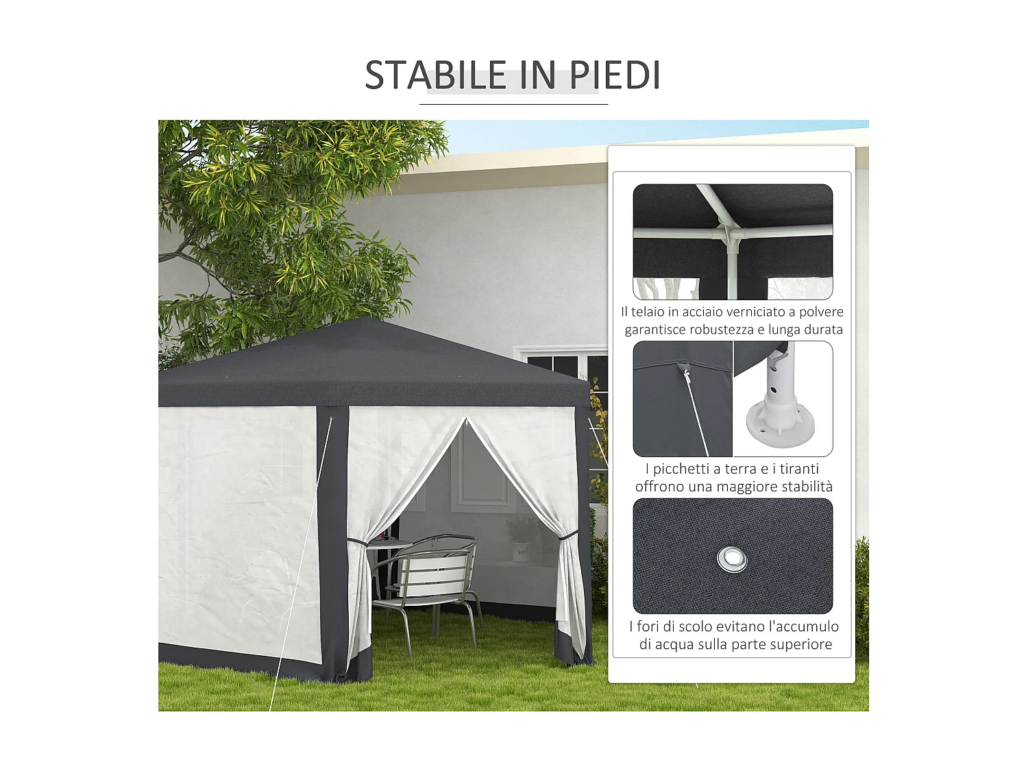 Gazebo da giardino esagonale con pareti in rete e 2 porte grigio
