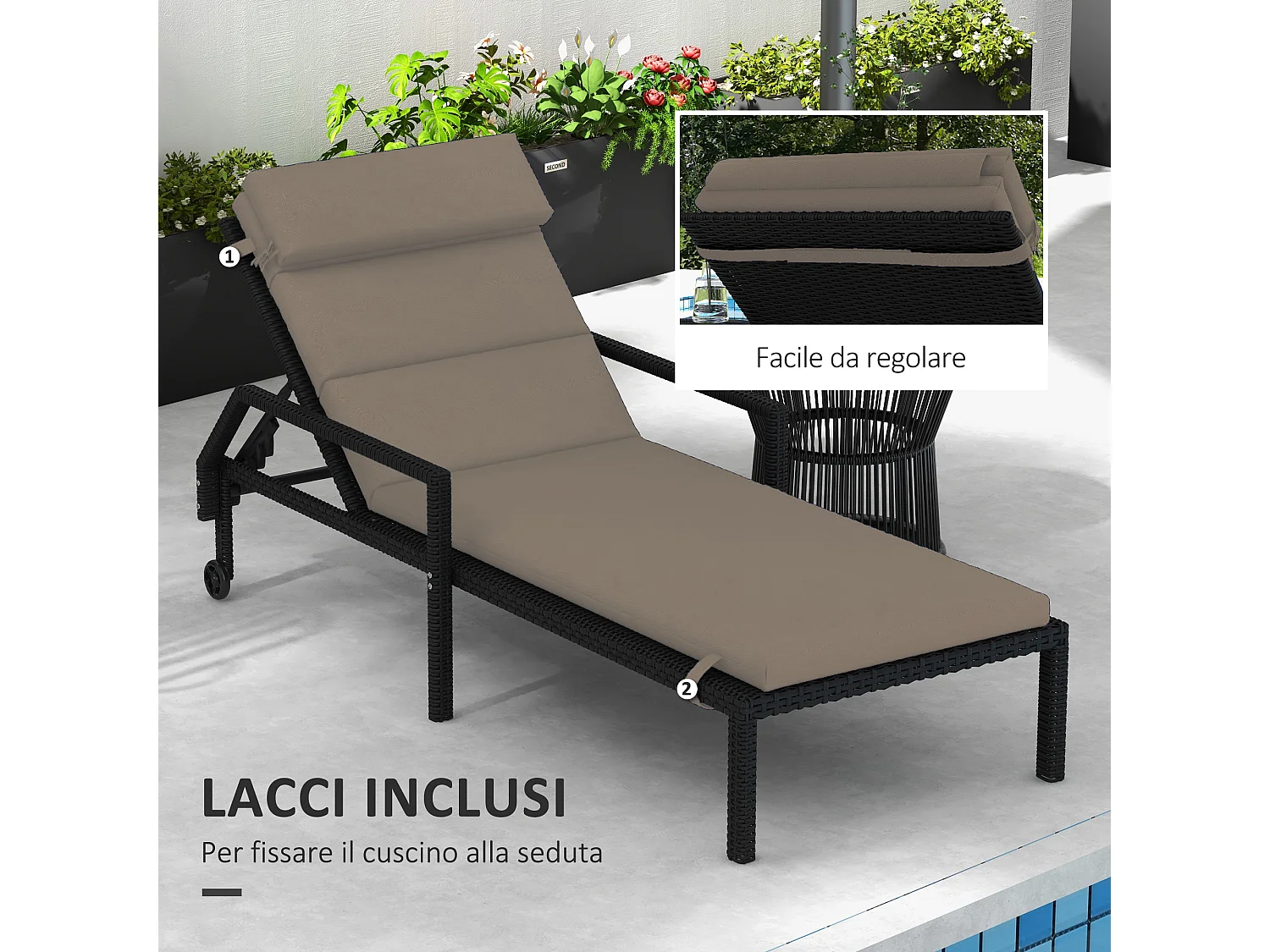 Cuscino per lettino prendisole imbottito con lacci, grigio scuro