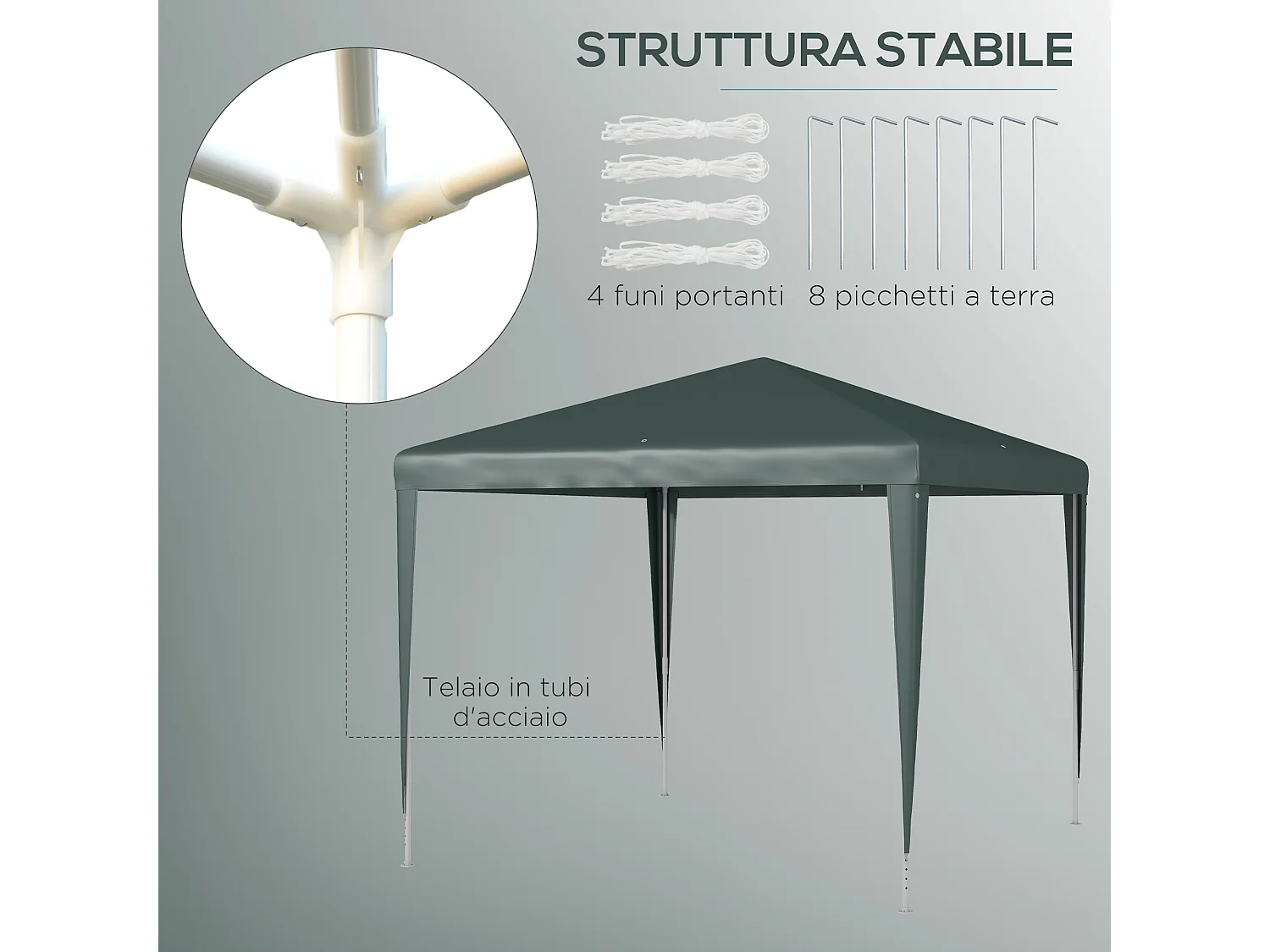 Gazebo da giardino con viti e corde in acciaio pe verde scuro