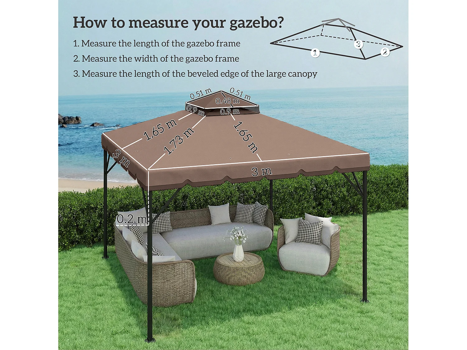 Copertura per gazebo 3x3 m a 2 livelli in poliestere cachi e marrone