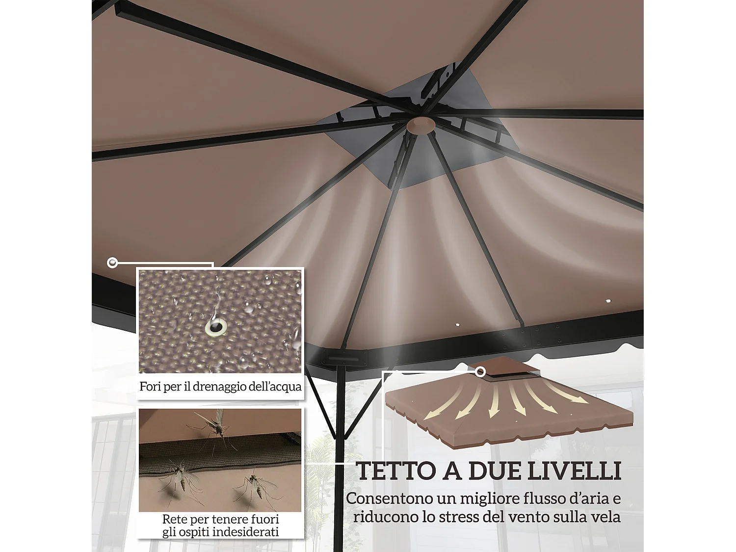Copertura per gazebo 3x3 m a 2 livelli in poliestere cachi e marrone