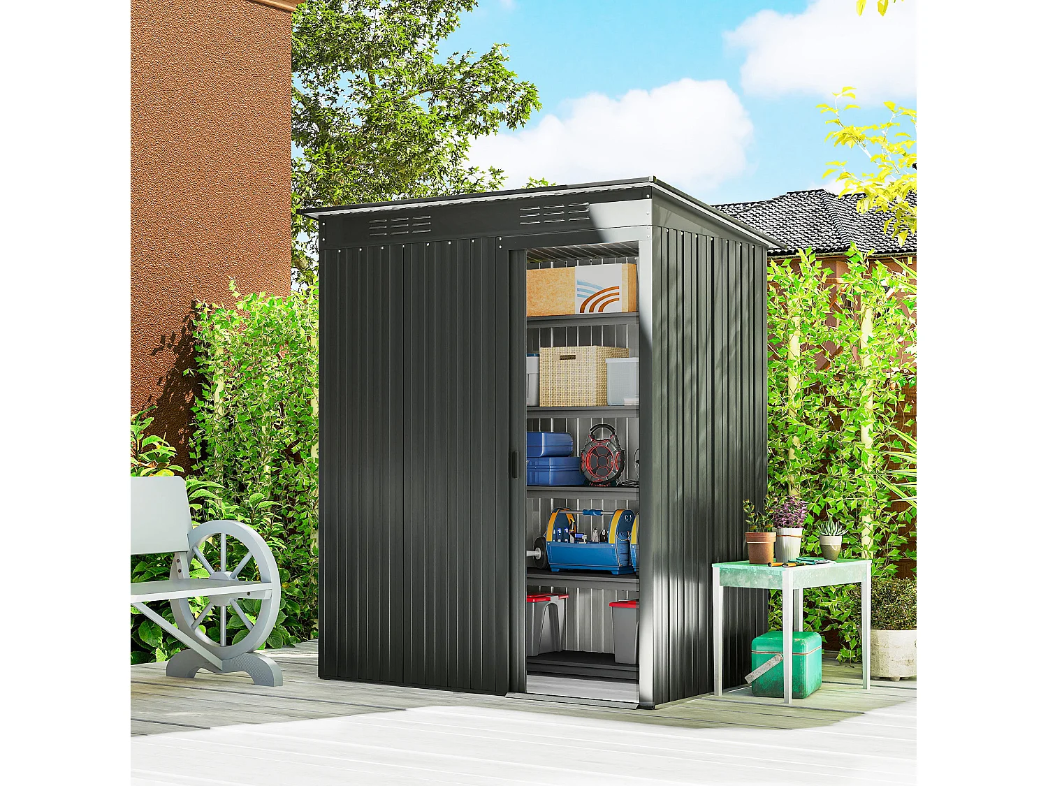 Casetta da giardino con porta scorrevole in metallo grigio scuro
