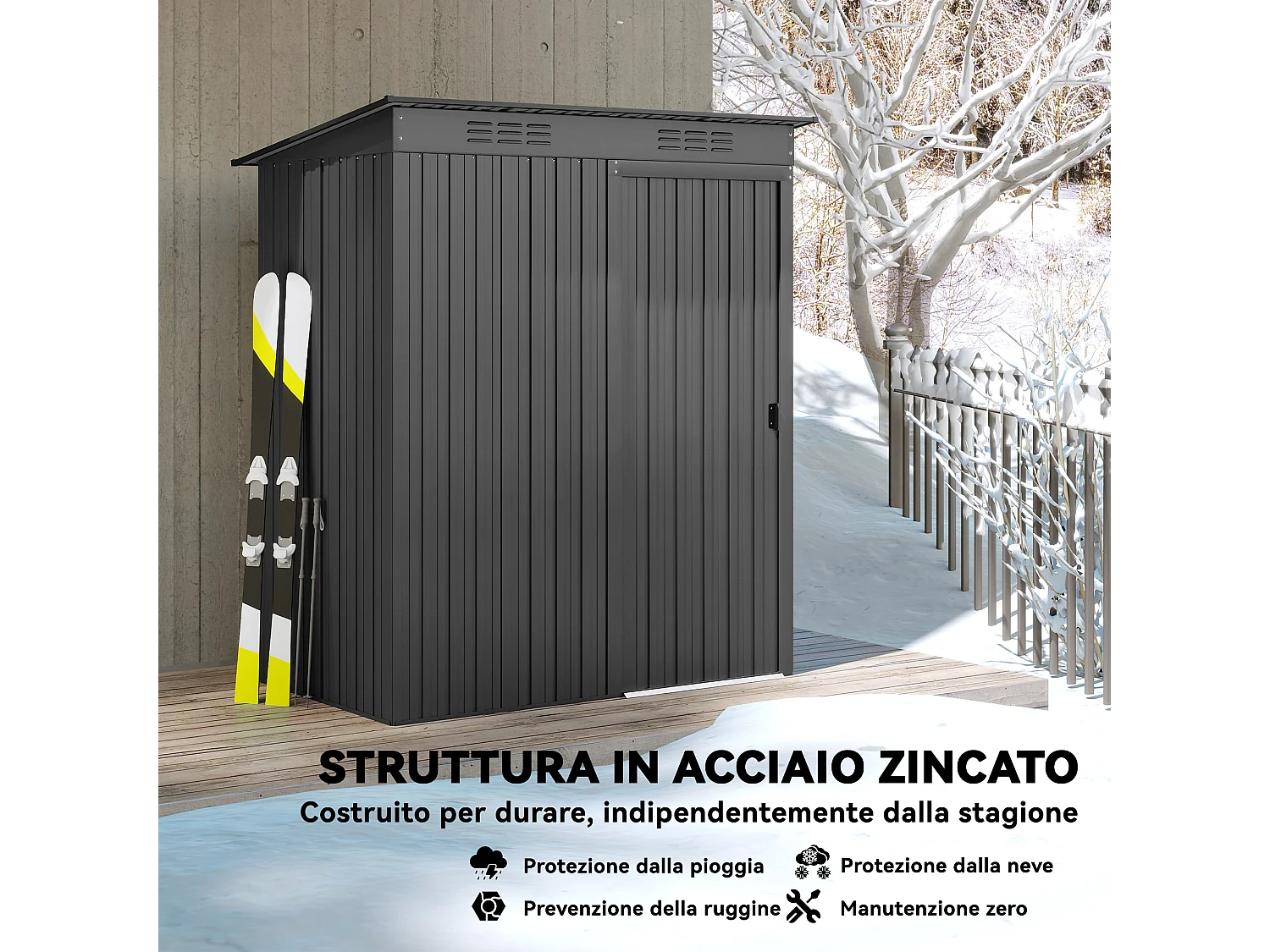 Casetta da giardino con porta scorrevole in metallo grigio scuro