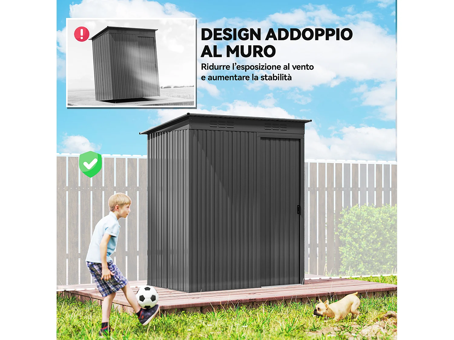 Casetta da giardino con porta scorrevole in metallo grigio scuro