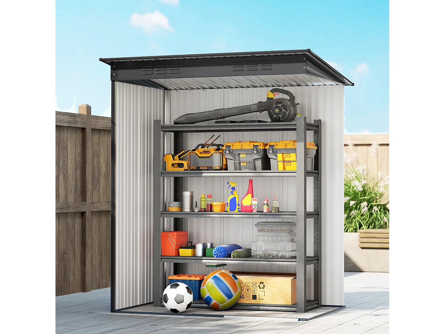 Casetta da giardino con porta scorrevole in metallo grigio scuro