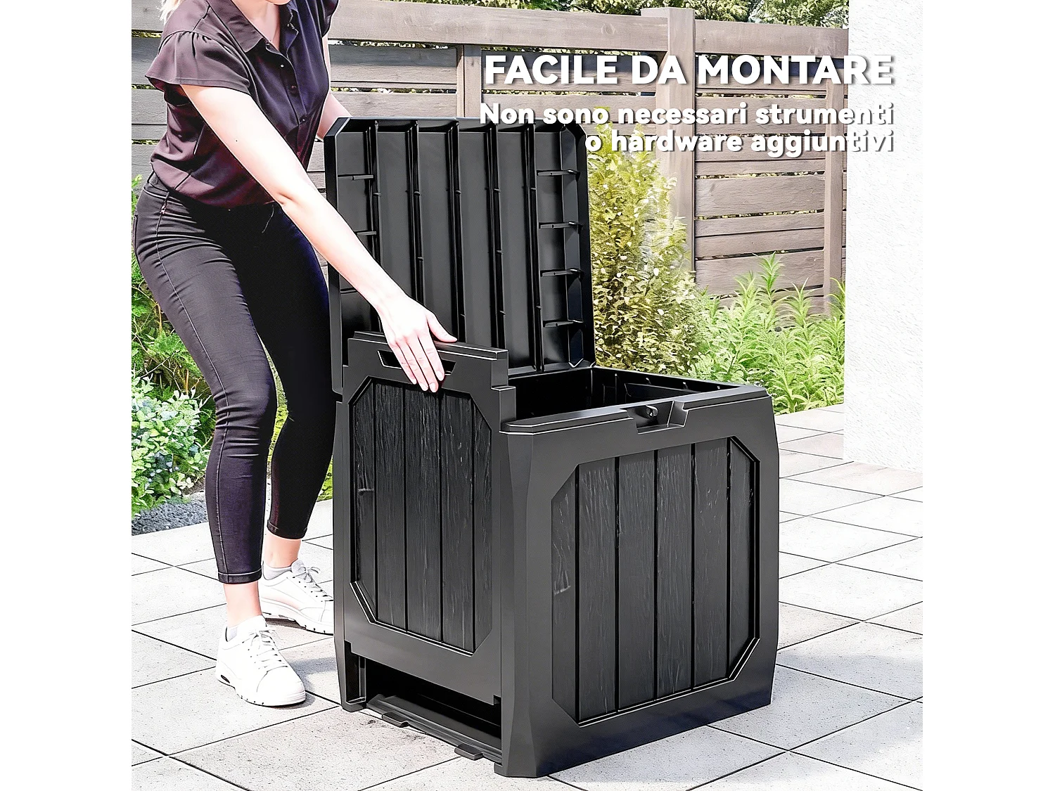 Baule da giardino 121 litri impermeabile in plastica nero